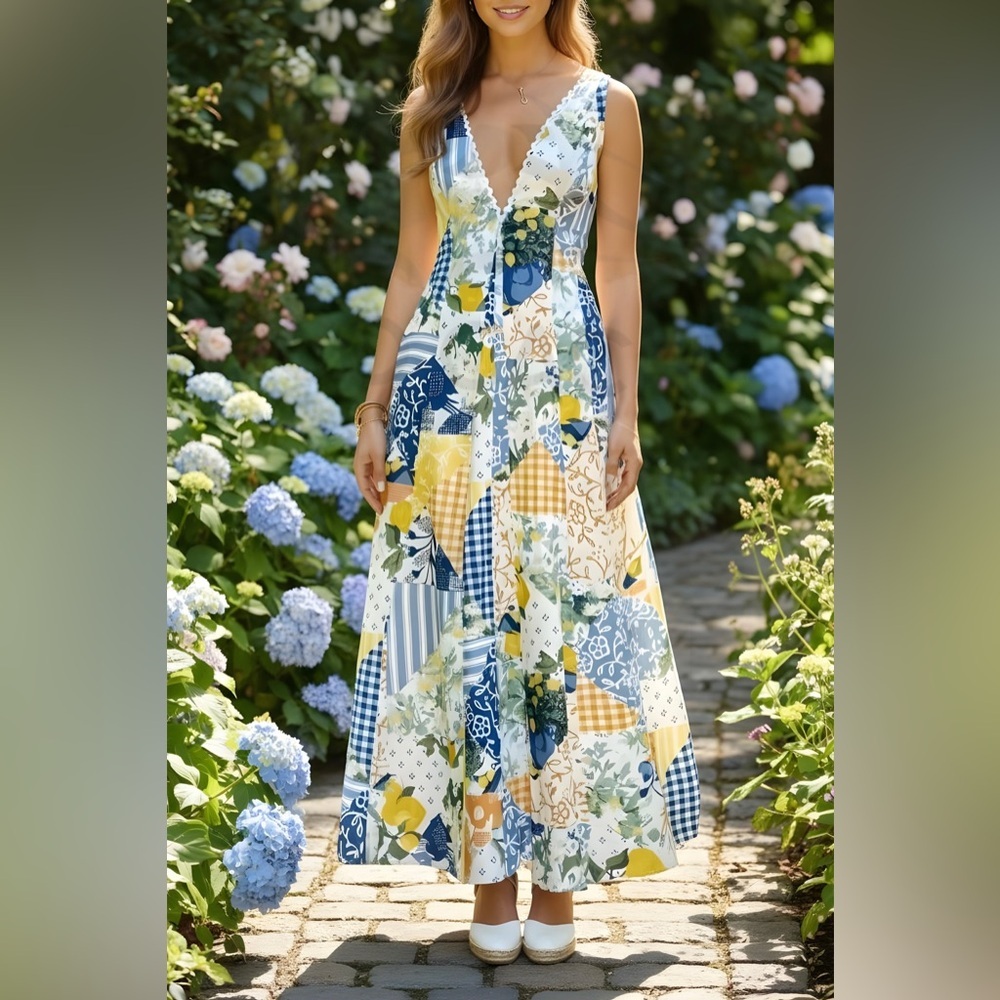Classy Bohemian Lemon Patchwork Linen Blend Maxi Dress